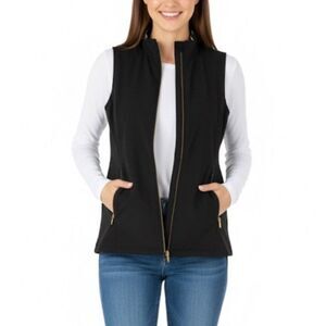 Zenergy by Chico’s Neema Black Metallic Gold Striped Quilted Zip Front Vest Sz S